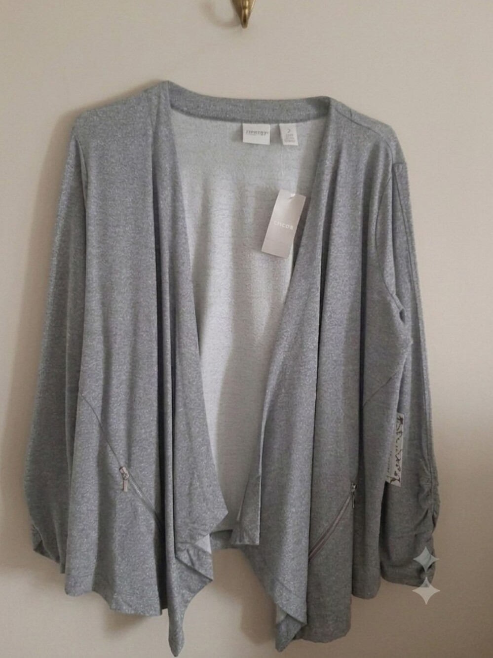 Chico's Zenergy Shimmer Gray Open-Front Cardigan Jacket - NWT Size 2 (US Large)